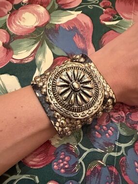 Native Western Boho Biker Style Leather Medallion and Stud Wide Wrap Bracelet